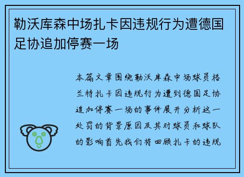 勒沃库森中场扎卡因违规行为遭德国足协追加停赛一场