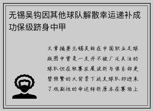 无锡吴钩因其他球队解散幸运递补成功保级跻身中甲