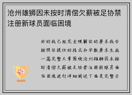 沧州雄狮因未按时清偿欠薪被足协禁注册新球员面临困境
